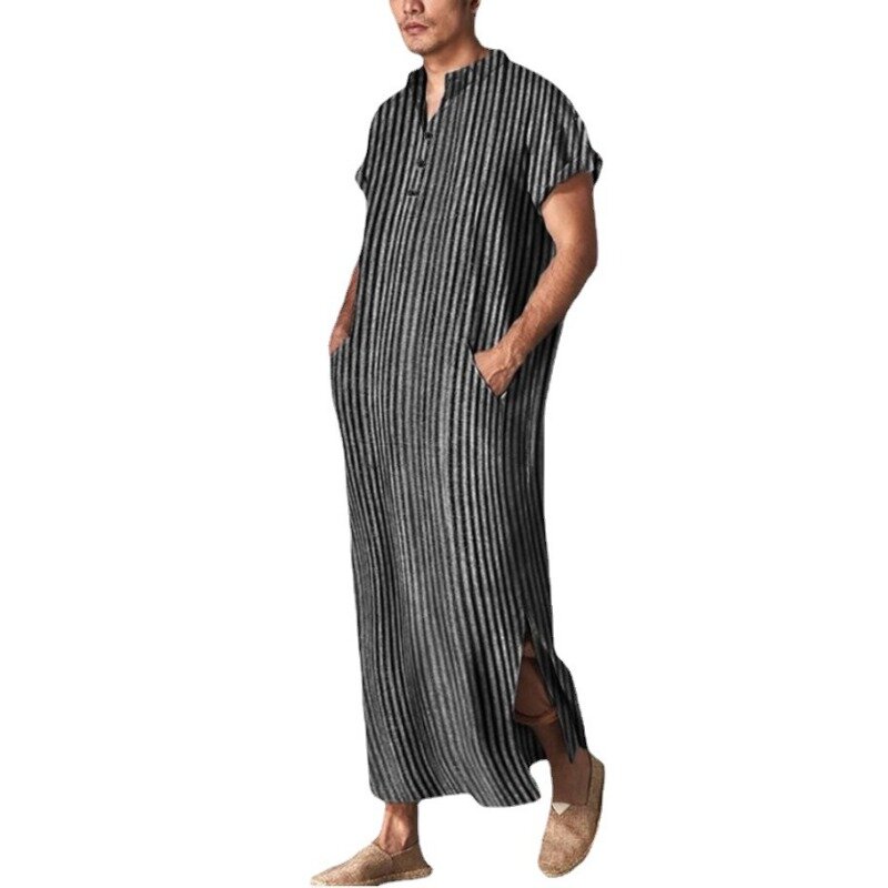 2023 Plus Size Muslim Fashion Arabia Dubai Loose Striped Short-sleeved Robe Arabic Shirt Kaftan for Man Muslim Men Clothing 5XL