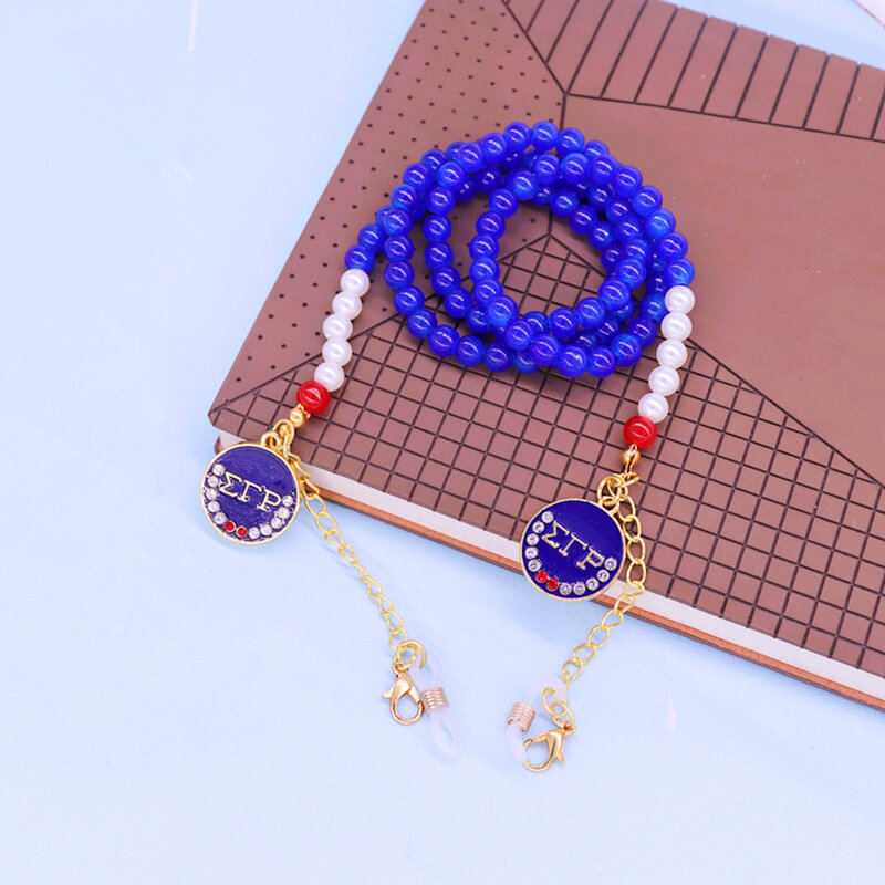 Drop Sale Blue Glass Beads Greek Letters SGRHO Symbols Social Sigma Gamma Rho Lanyard Mask Chains Glasses Chain For Women