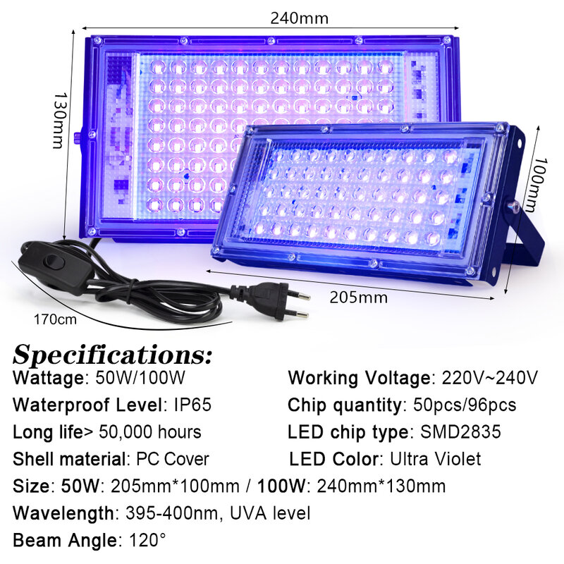 LED UV Projector para Palco, Lâmpada de Palco Ultravioleta, Blacklight, impermeável, Disco Party, Palco, Festa, 395nm, 400nm, 50W, 100W, 220V