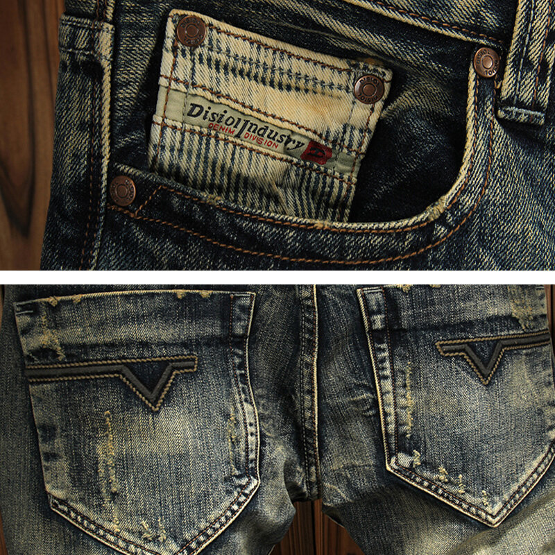 Mode Designer Mannen Jeans Hoge Kwaliteit Retro Gewassen Elastische Slim Fit Vernietigde Patchwork Gescheurde Jeans Heren Vintage Denim Broek