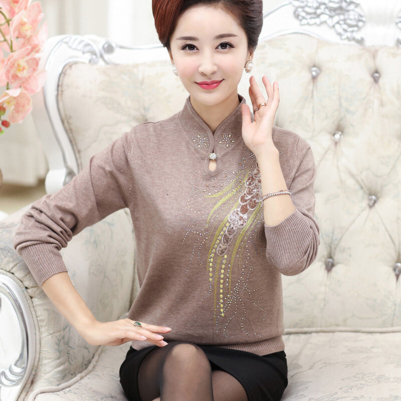 Vintage Stand Collar Diamonds Sequined Sweaters Women's Clothing 2023 Autumn Winter Loose Casual Pullovers Commute Tops