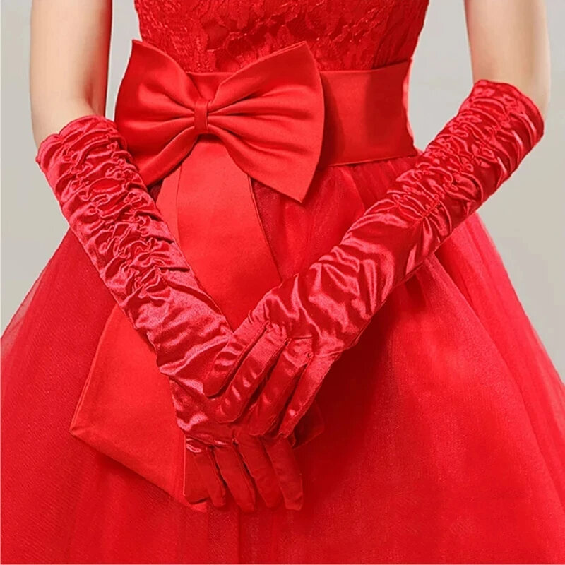 New Red White Elbow Length Ruched Full Fingers Bridal Gloves for Women Long Satin Gloves  Stretchy 1920s Elbow Gloves