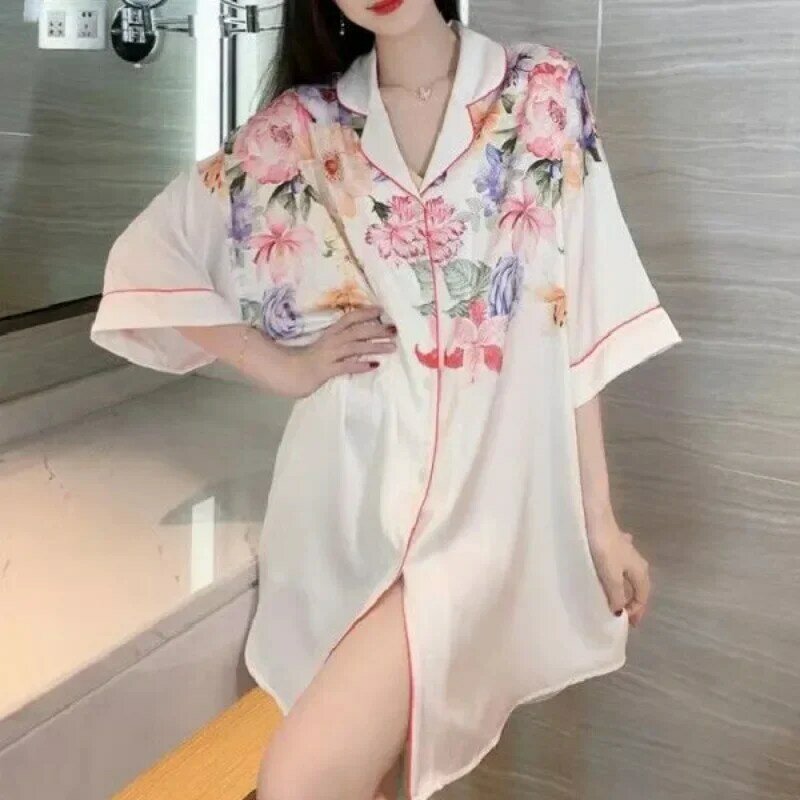 2024 New V-neck Homewear Sexy Extra-large Short Nightdress Women Summer Loungewear French Thin Shirt Half Sleeve Pajamas Womens