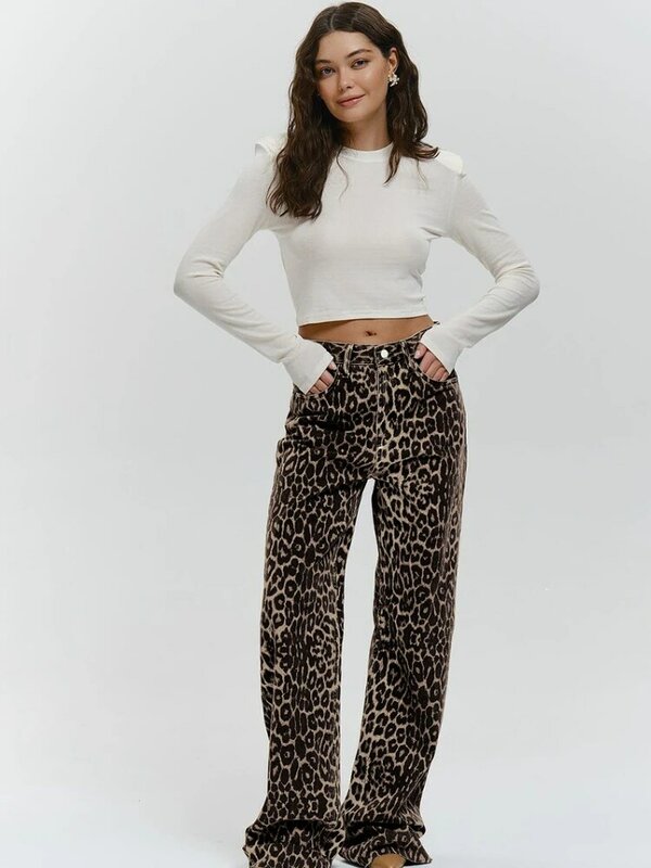Calças femininas de algodão com estampa leopardo cintura alta, casual calças largas largas, moda feminina retrô de rua reta, primavera, Y2K
