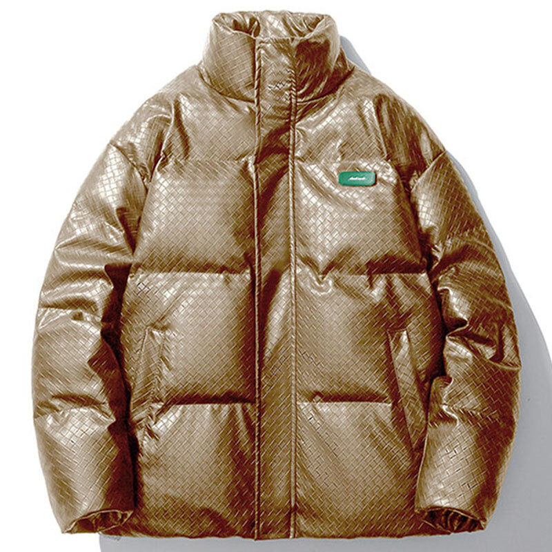 PU Leather Winter Thick Warm Parka Mens Plaid Weave Puffer Jacket coppia Unisex cappotti imbottiti in cotone sciolto