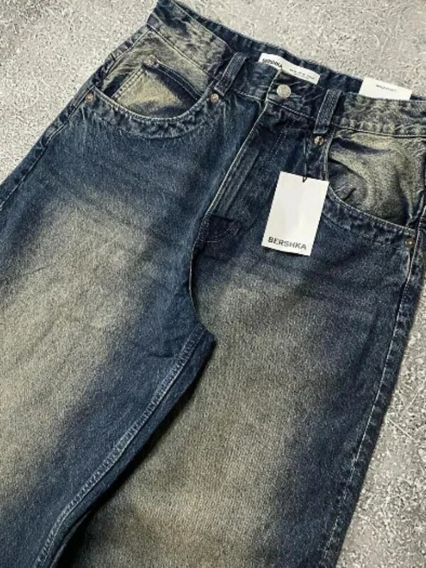 Jeans com letra de bolso hip-hop masculino, perna reta, bordada larga, calça casual, moda Y2K, clássica, simples, cintura alta, jeans
