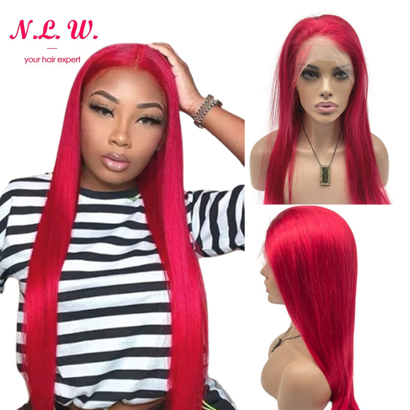 N.W-perucas dianteiras do cabelo humano do laço para mulheres, Bob curto, reto, vermelho, 13*4, 20in, frontal, densidade 180%