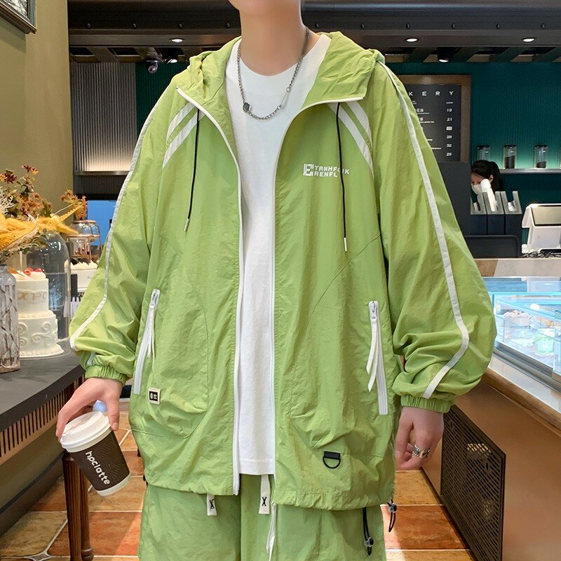 Traje fino coreano para hombre, chaqueta informal con capucha y pantalones de protección solar, traje de protección UV de alta calidad, novedad de verano