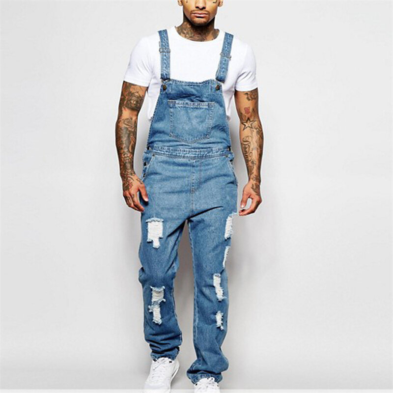 Moda Cool tuta da uomo pantaloni con bretelle blu chiaro pantaloni strappati in Denim Street Casual Youth Pocket Splicing Button Jeans 23