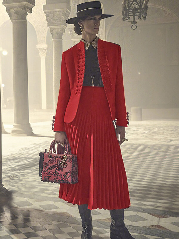 Женский комплект из двух предметов, роскошная Осенняя Высококачественная модная женская красная куртка, плиссированная юбка средней длины, милый Повседневный шикарный костюм знаменитости