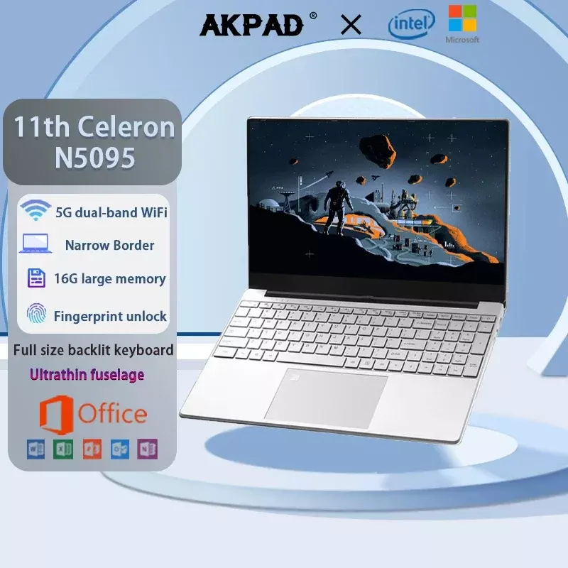 AKPAD 인텔 셀러론 N5095 윈도우 10 11 램, 16GB 롬, 256GB, 512GB, 1TB, 2TB SSD 컴퓨터, 2.4G, 5.0G 와이파이 블루투스 게임용 노트북