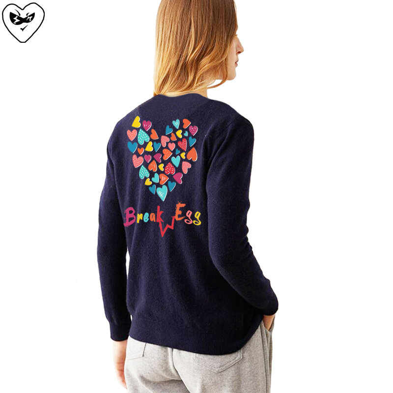 Break Egg Women Cardigan Heart Glasses Embroidery Back Colorful Love Letter Printing Autumn Cotton V-Neck Button Fit Sweater