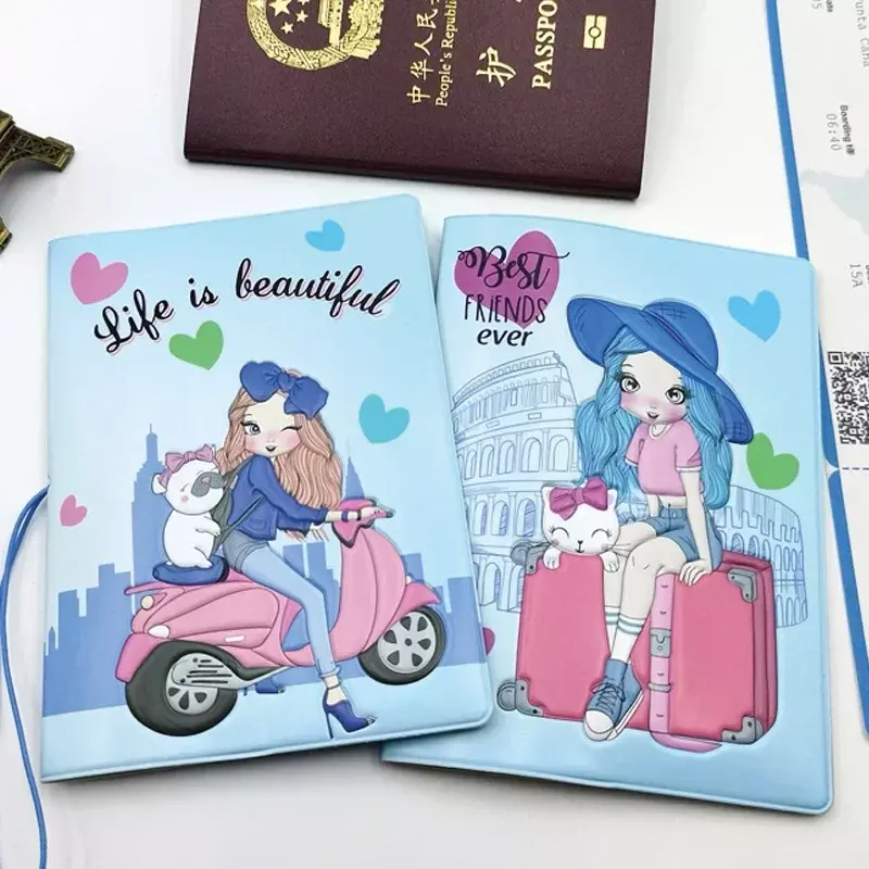 Funda de cuero PU con dibujos animados para mujer, Cartera de viaje para pasaporte, tarjetero para identificación