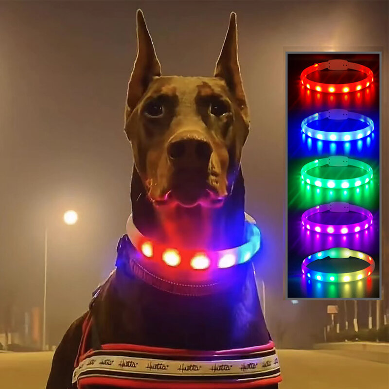 Colar luminoso recarregável do cão do colar do cão do diodo emissor de luz do silicone anti-perdido/acidente do carro da segurança do animal de estimação para acessórios do cão