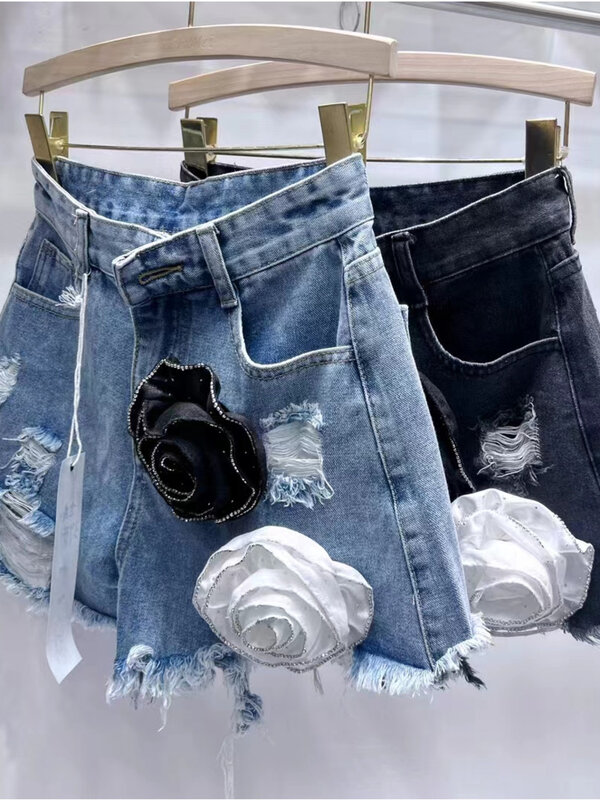 Женские джинсовые шорты с цветочным принтом [EWQ], короткие брюки-трапеция с дырками, с запахом, на бедрах, весна-лето 2024