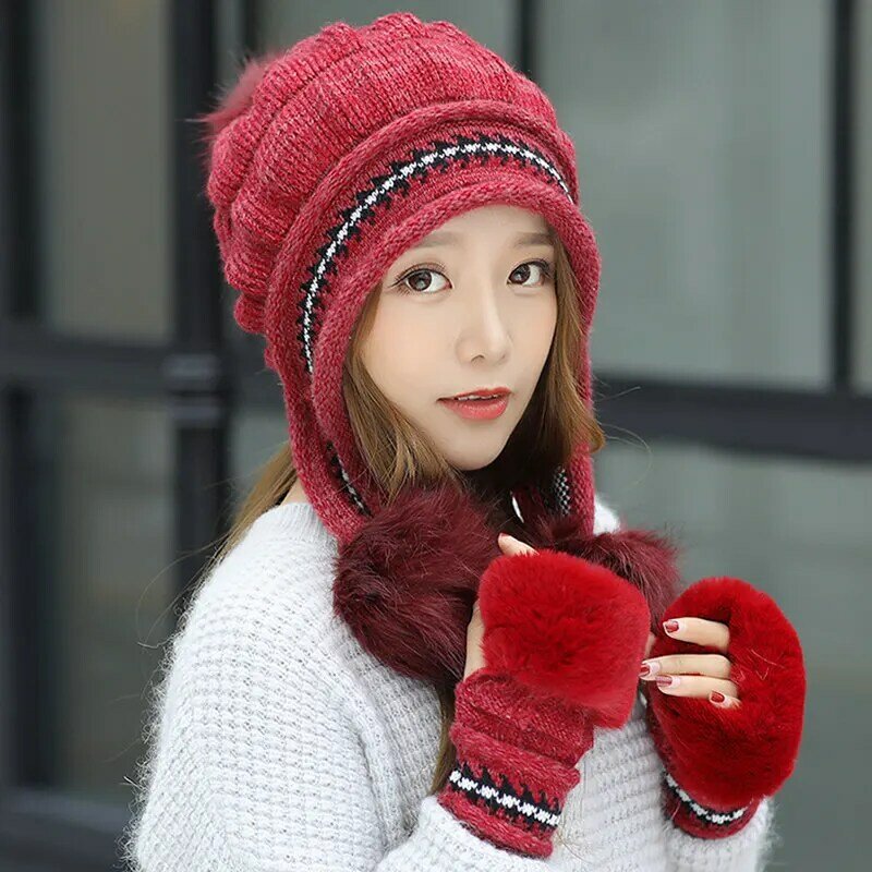 Topi rajut wanita, sarung tangan Set hangat bola bulu rajut Dekorasi mode lucu 2 potong untuk musim dingin