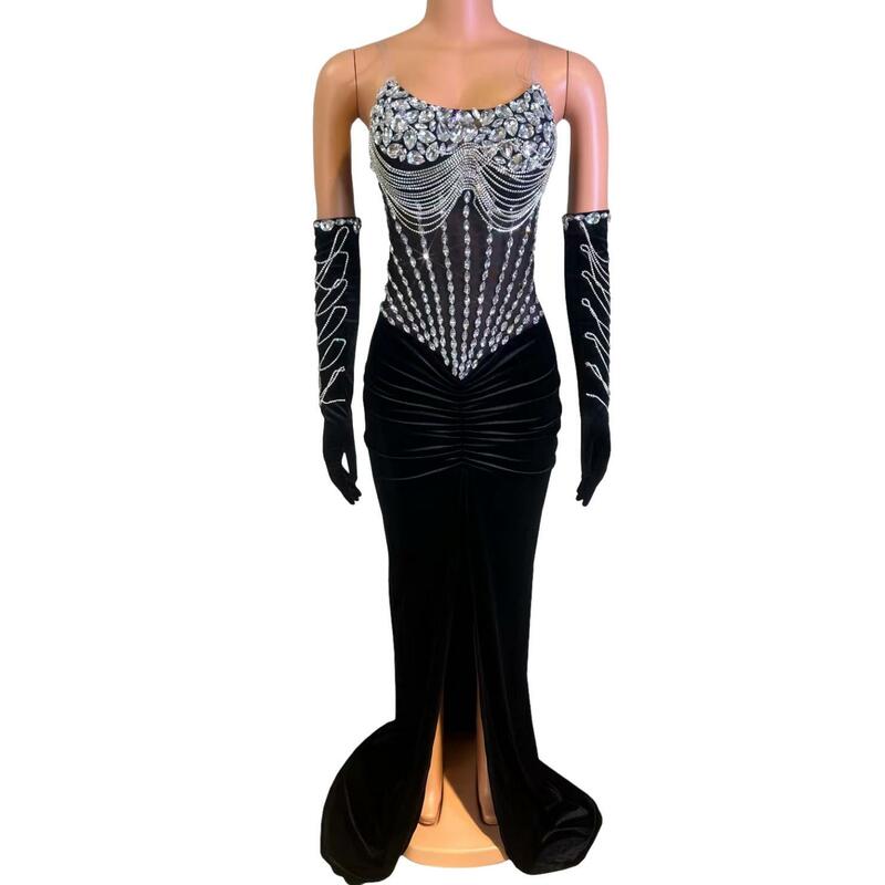 Long Evening Dress 2024 Mermaid Style High Slit Velvet Sparkly Crystal Women Formal Evening Party Gowns with Gloves Shanliang