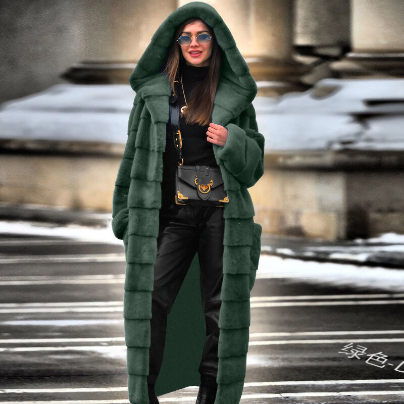 Giacca Casual in pelliccia sintetica cappotto donna felpe con cappuccio Furry Thick Warm Long Faux Rabbit Fur Jacket Slim Winter Coat donna casaco feminino