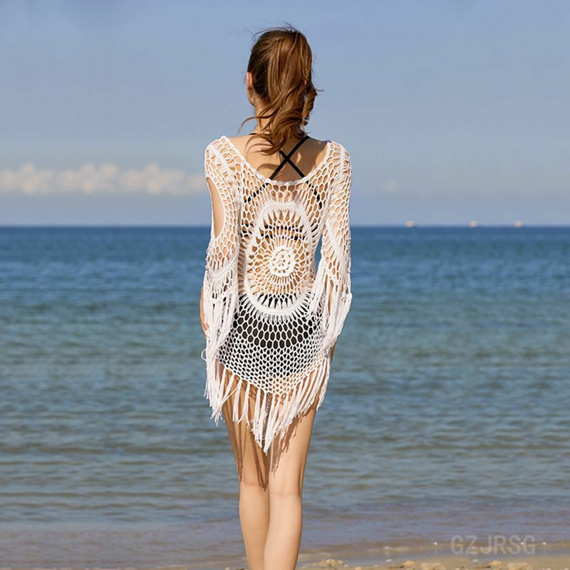 Branco crochê biquíni cobrir com franja guarnição feminina sexy oco túnica praia vestido 2022 verão maiô beachwear