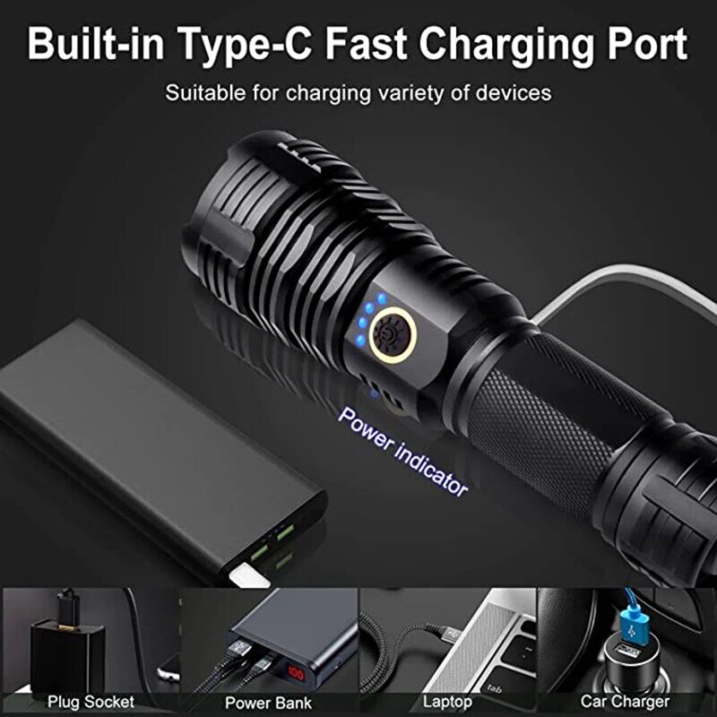 LED Rechargeable Flashlight 5 Modes Zoomable Flashlight IPX7 Waterproof Flashlight With High Lumens For Camping Emergencies