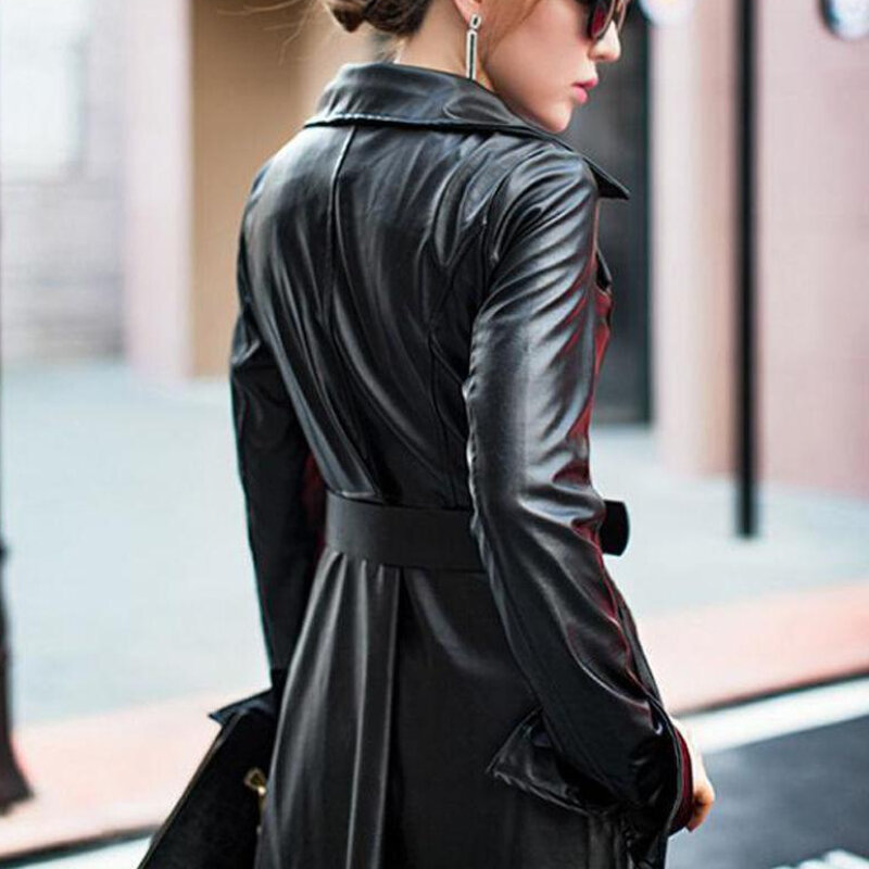 Mulheres jaqueta de couro genuíno casual wear sexy longo trench coat couro genuíno outwear