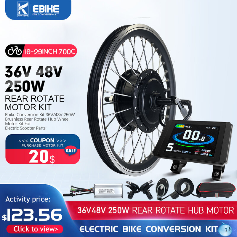Bicicleta elétrica Kit de conversão, traseira Cassette Hub Motor Roda, sem escova engrenado, 16, 20, 24, 26, 27, 5, 28, 29 '', 700C, 36V, 48V, 250W