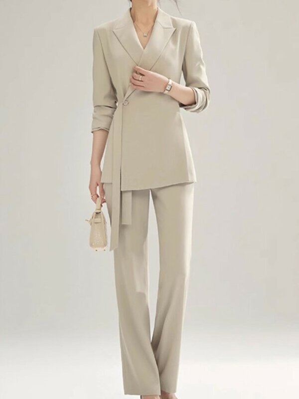 Nieuwe Office Lady Solid Women Suit 2 Stuks Chique Lange Mouwen Blazer Hoge Taille Rechte Broek Vintage Sets Damesmode Kleding