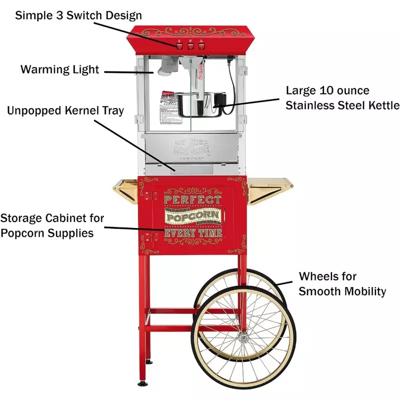 New-Great Northern Popcorn 5995 10 oz. Perfect Popper Popcorn Machine with Cart - Red