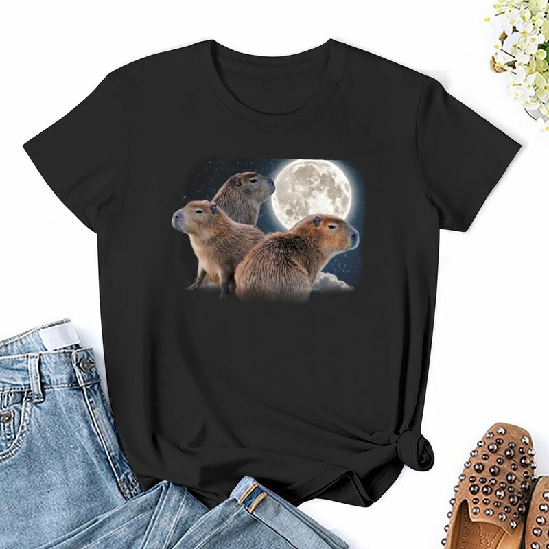 Three Capybaras and Moon Funny Capybara Humor Parody T-Shirt t shirt Women Women clothes