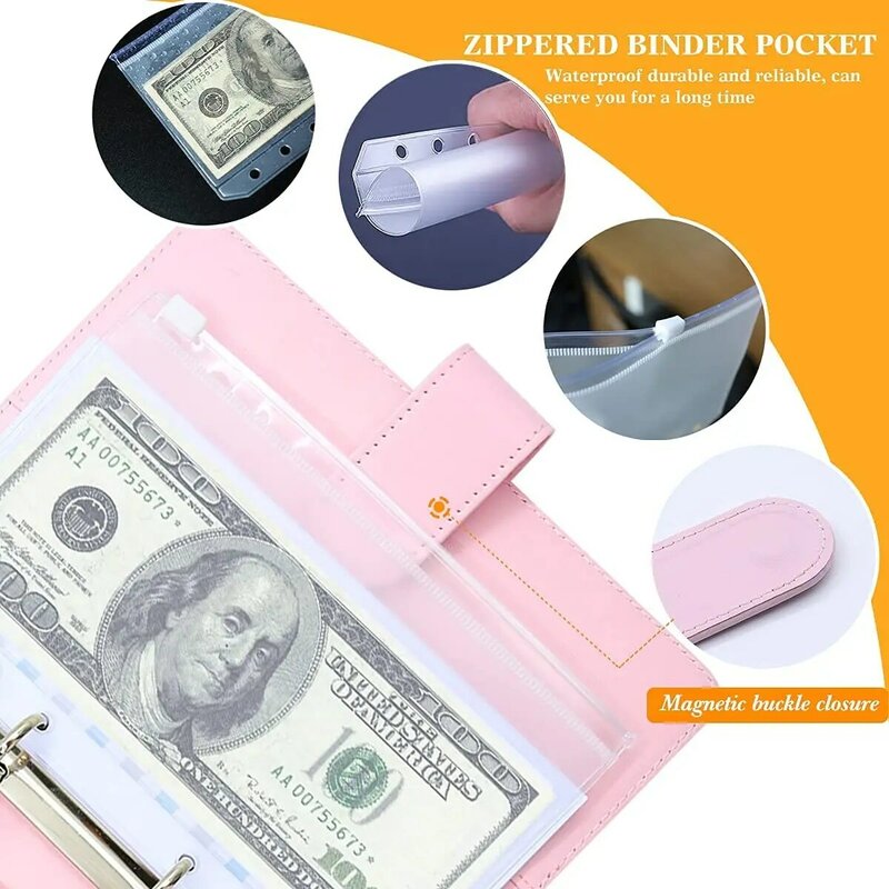 Budget Binder A6 PU Leather Cash Envelopes Organizer with Zipper Pockets,Expense Budget Sheets & Label Stickers for Money Saving