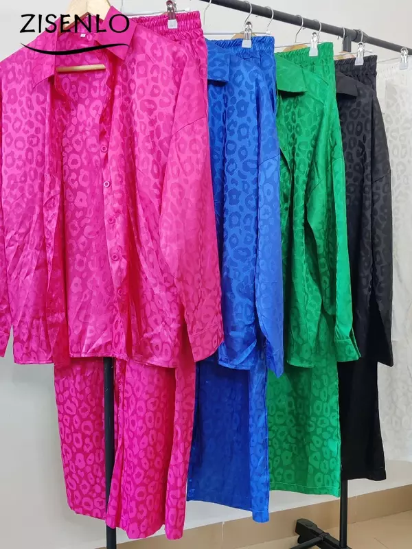 Elegante camisa de mangas compridas e calças soltas para mulheres, estampa de leopardo, cintura elástica, streetwear, novo, outono, 2 peças