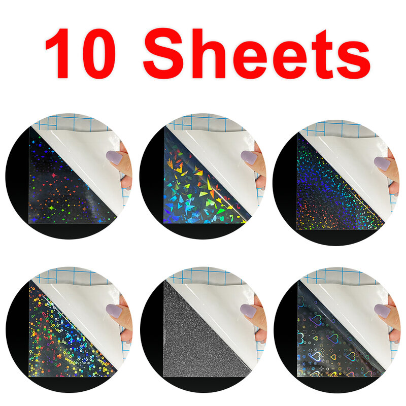 10 fogli pellicola di laminazione a freddo A4 adesivo vetro rotto stella punti lucidi pacchetto fai da te carta a colori foto pellicola olografica trasparente