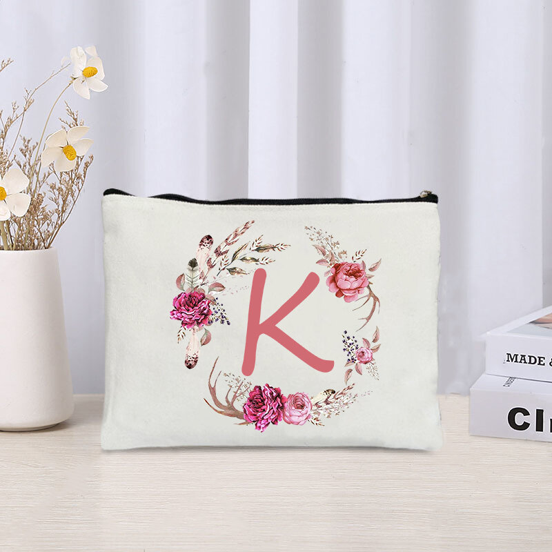 Women Initial of Wreath Cosmetic Case Travel Cosmetic Organizer  Makeup Pouch Bag Travel Organizer Wedding Birthday Party Gifts