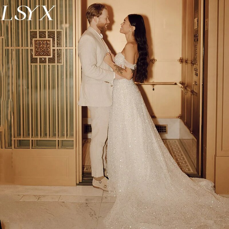 LSYX gaun pernikahan manik-manik renda bahu terbuka Boho gaun pengantin Sweetheart A Line Sweep Train mewah Sparkle gaun pengantin