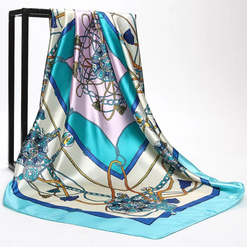 Châle populaire musulman de luxe, 90x90CM, bandanas carrés, protection solaire en soie, foulard, couvre-chef imprimé à rayures, mode printemps été