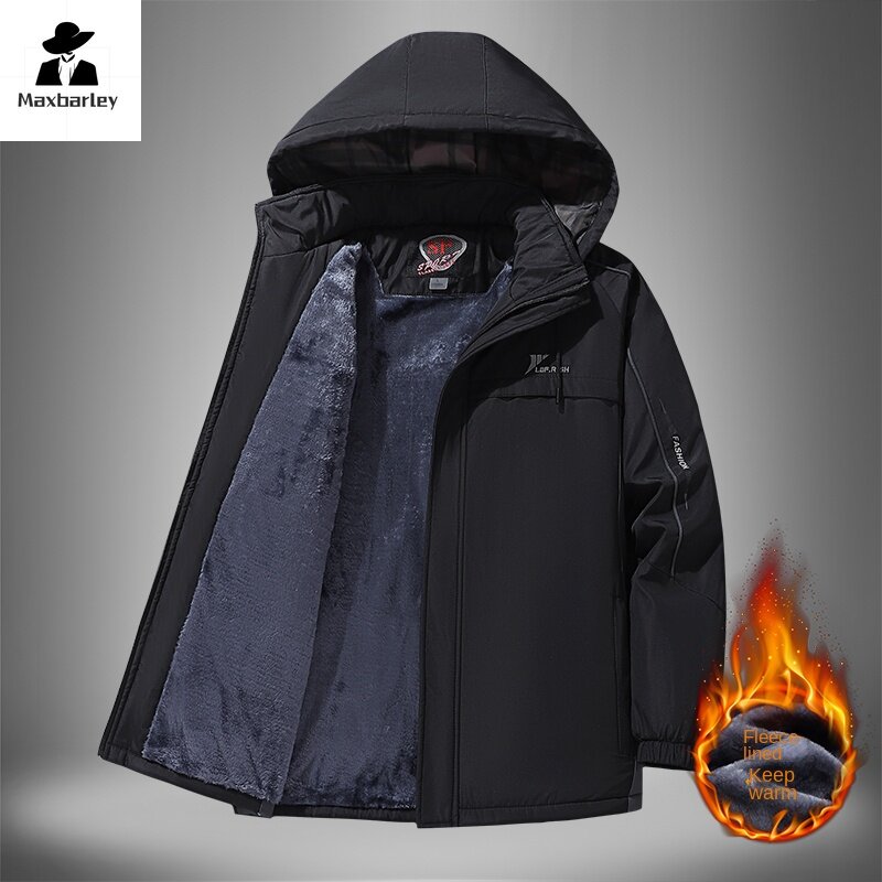 Winter Thickened Padded Coat Men's Fashion Long Hooded Windproof Jacket Outdoor Cold-proof Wool Warm Ski Clothing Men's Clothing