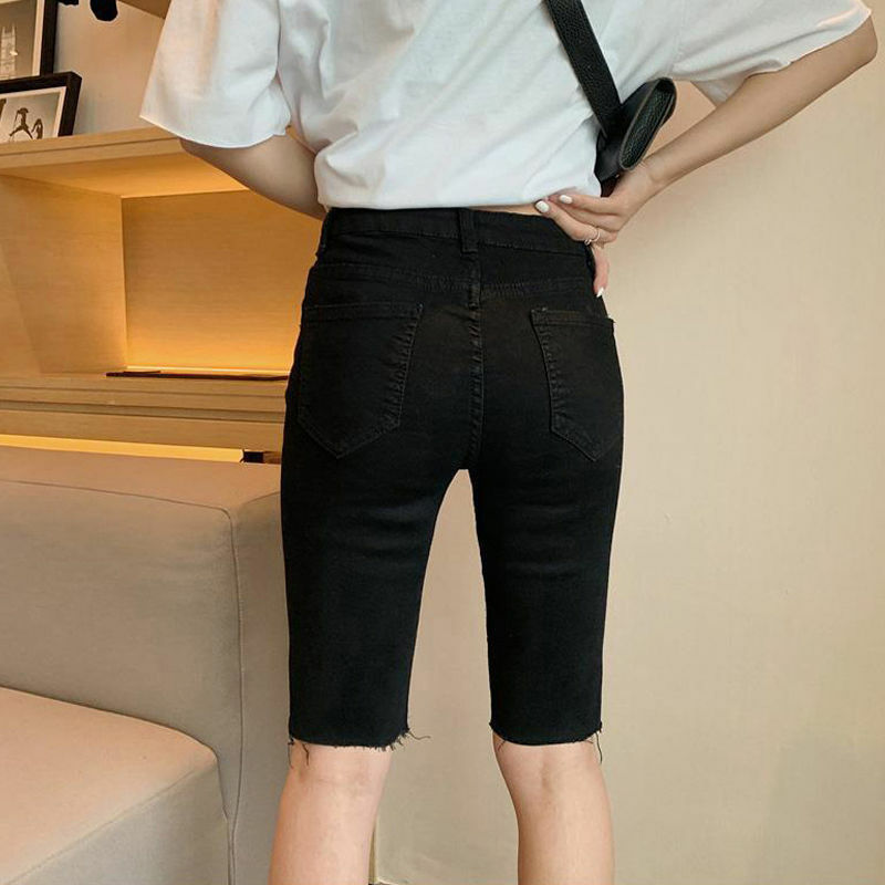 Shorts jeans de cintura alta e skinny feminino, jeans feminino, shorts de motociclista, moda coreana, casual, verão, novo, 2024