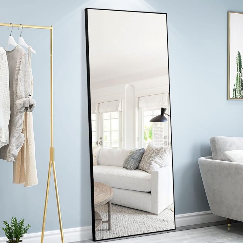 Полноразмерное ультратонкое напольное зеркало с рамкой из алюминиевого сплава, напольное зеркало с подставкой, настенное зеркало для спальни, дома и офиса, черное