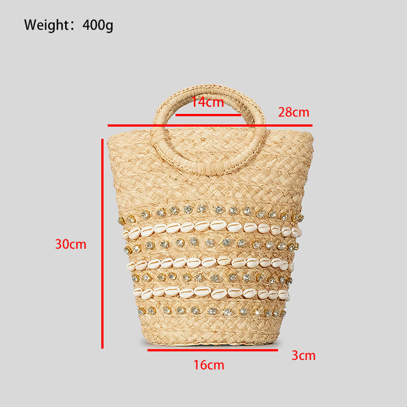 Плетеная Сумка в этническом стиле 2024, плетеная Сумка из ротанга с кольцом и ракушкой, сумка на плечо, Плетеная соломенная сумка-ведро ручной работы