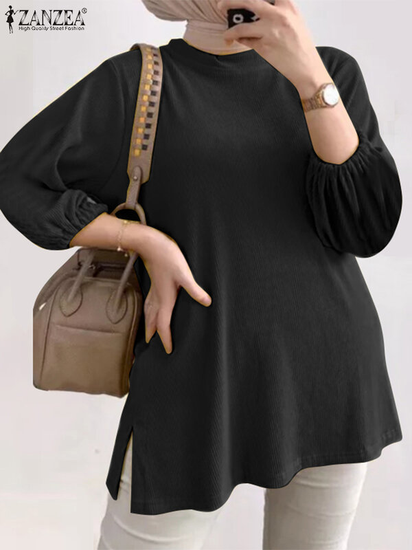 Элегантная женская блузка, осенняя модная однотонная модель мусульманский Топ ZANZEA, Повседневная рубашка с длинными рукавами-фонариками Eid Mubarek, рубашка для работы, Marocain Blusas 2023