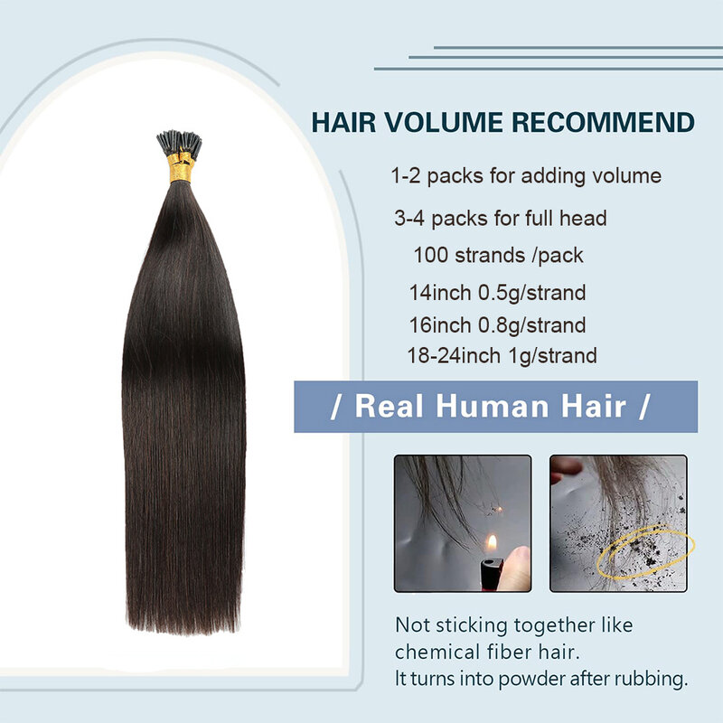 Прямые I-образные волосы для наращивания, человеческие волосы # 1B, натуральные черные Человеческие волосы Remy I-образные человеческие волосы для наращивания, 100 прядей/упаковка