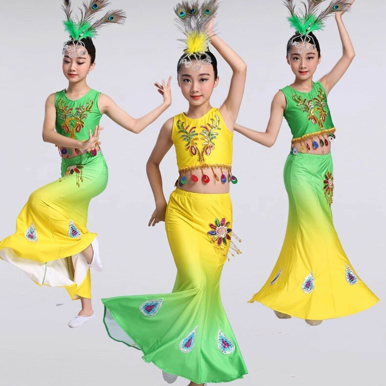 Abito da ballo Dai a doppia spalla per bambini gonna a coda di pesce abito da spettacolo di danza del pavone elastico vestito da prestazione etnica per ragazza