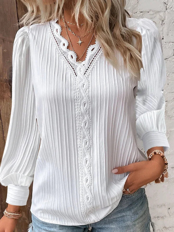 Elegante camisa feminina de renda com decote em v, manga comprida, camisa branca elegante, solta, casual, escritório, outono, 2023