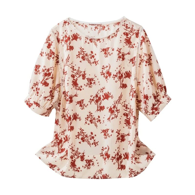 Women Spring Summer Style Blouses Shirts Lady Casual Short Lantern Sleeve O-Neck Flower Printed Blusas Tops ZZ1872