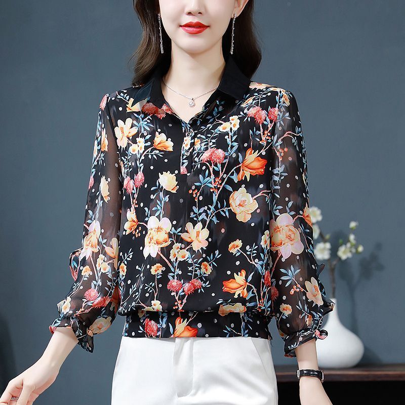 2023 Spring Turn-down Collar Floral Printing Blouses Splicing Button Chiffon Loose Sheer Nine Points Sleeve Shirts for Women
