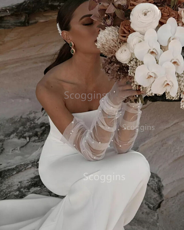 Gaun Prom gaun pernikahan Satin putri duyung dengan lengan dapat dilepas ketat Vintage elegan wanita Dubai gaun pengantin Vestidos De Novia