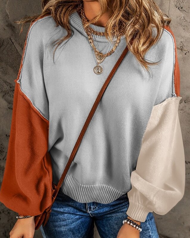 Women's Knit Sweater Casual Colorblock Thermal Warm Lantern Sleeve Piping Winter Female O-Neck Loose Fashion Knitted Pullovers