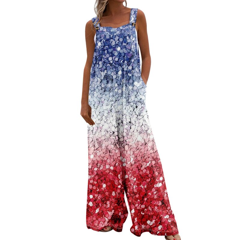 Wide Leg Overalls For Women Casual Loose Sleeveless Funny Printed Button Long Pant Romper Jumpsuit With Pockets macacão feminino