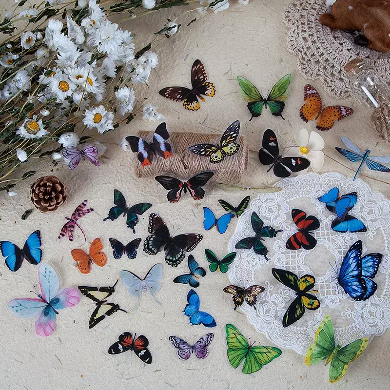 40Pcs Colorful Butterfly Retro Art Handbook Scrapbook DIY Decoration Wall PET Sticker for Album Notebook Scrapbooking Stickers