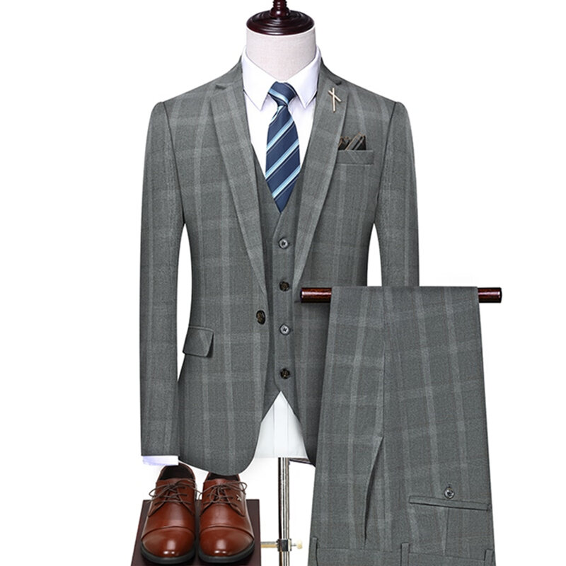 Terno de escritório casual masculino, vestido de noiva noivo, smoking, jaqueta boutique, colete, calças, conjunto blazers xadrez, nova moda, 3 peças